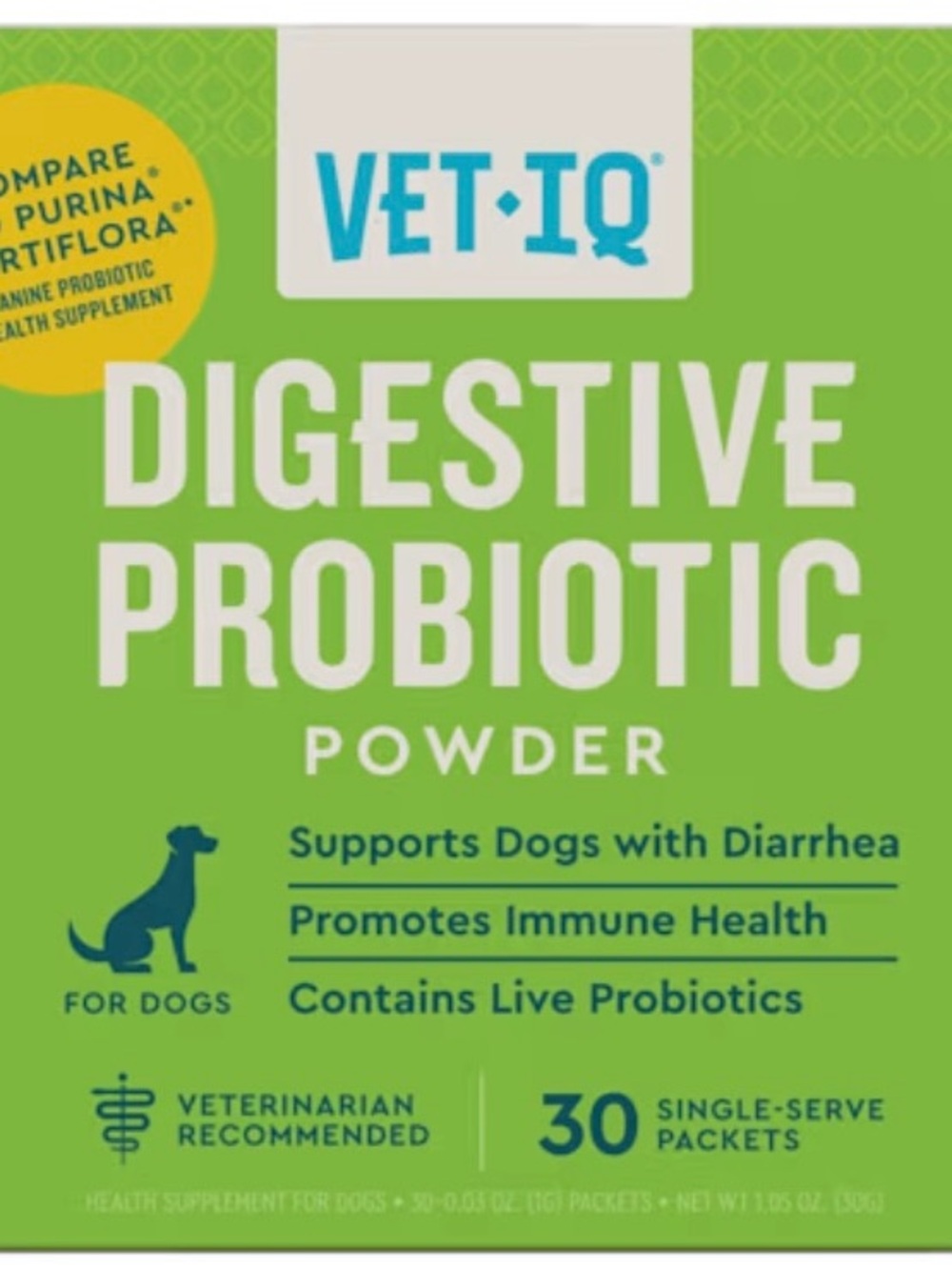 VetIQ Dog Probiotic Digestive Powder Supplement Immune & Gut Health, 30 Packets